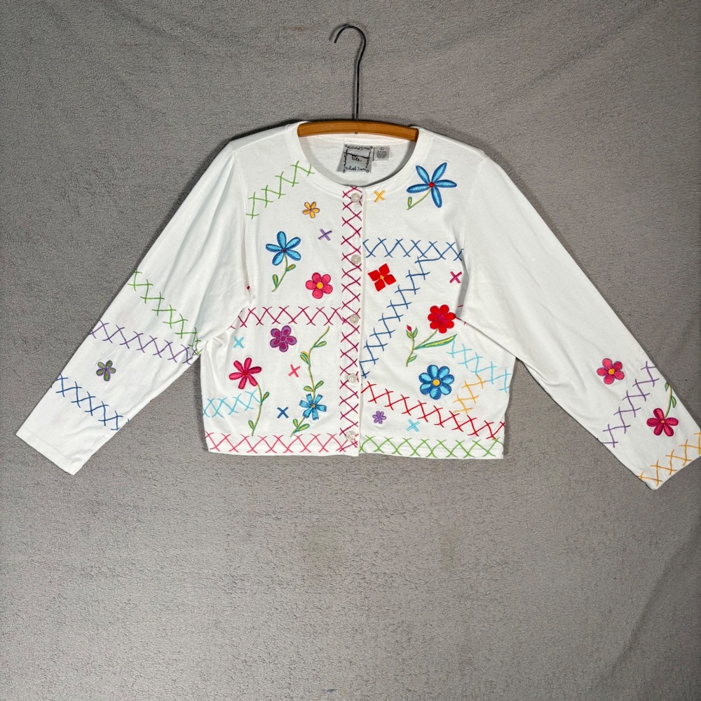 Michael Simon Lite Cardigan Women's Size L Embroidered Floral Sweater White Boho